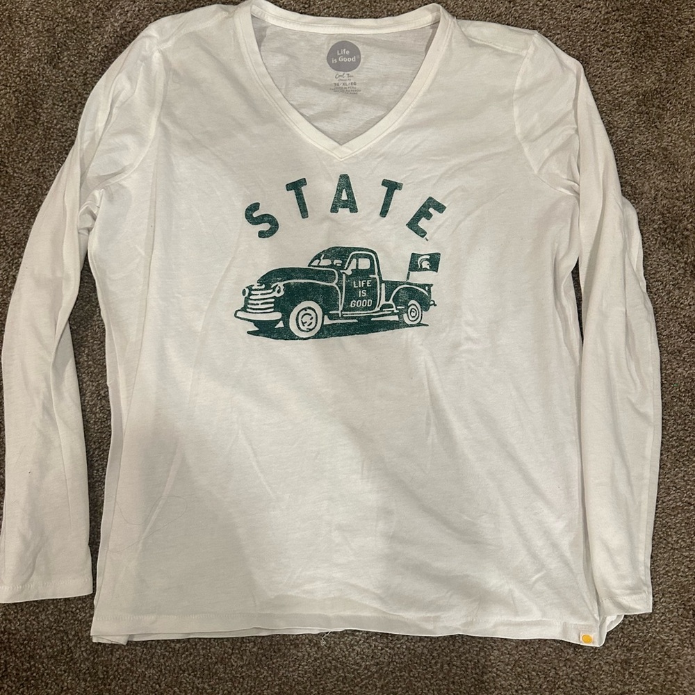 Life is Good White Long Sleeve Shirt with Green Graphic